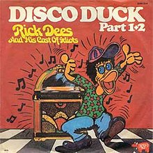 This is a low resolution image of the cover art for "The Original Disco Duck" album which contains the song "DISDO DUCK" by the artist Rick Dees. The cover art copyright is believed to belong to the label, RSO, or the graphic artist(s). This image is of a cover of an audio recording, and the copyright for it is most likely owned by either the publisher of the work or the artist(s) which produced the recording or cover artwork in question. It is believed that the use of low-resolution images of such covers solely to illustrate the audio recording in questio, and on the English-language Wikipedia, hosted on servers in the United States by the non-profit Wikimedia Foundation, qualifies as fair use under the copyright law of the United States. Any other uses of this image, on Wikipedia or elsewhere, may be copyright infringement.