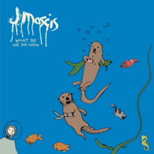 An animated scene of two otters floating underwater, with a person wearing a helmet in the bottom left corner looking on