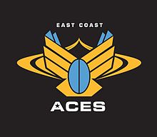 Logo contenant East Cost en haut et ACES en bas. Le logo comprend principalement un ballon de rugby bleu au centre.