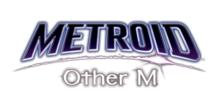Metroid et Other M sont inscrits sur jeu ligne en lettres légèrement colorées de blanc et de violet sur un fond noir.
