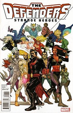 הדפנדרס, כפי שהם מופיעים על עטיפת החוברת Defenders: Strange Heroes #1 מדצמבר 2011, אמנות מאת לייניל פרנסיס יו וסאני גו.