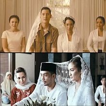 Dua adegan film. Di atas ada Ishak Pahing (Nino Fernandez) dalam pernikahannya dengan Nani Kuddus (Imelda Soraya); di bawah terdapat Sakera (Yama Carlos) saat menikah dengan Maida (Atiqah Hasiholan). Kedua pernikahan ini dalam gaya Muslim.