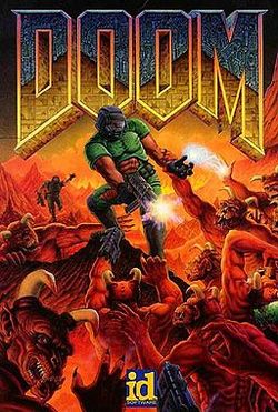 "The Ultimate Doom" title artwork, painted by Don Ivan Punchatz, depicts the lone hero, a space marine, fighting demonic creatures.
