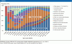 Distribution of years of life lost (YLL) among cause of death categories by age group (level 2; see eTable 5) Source: BURDEN 2020 project, cause of death statistics 2017 (our own calculations; see eTable 5)