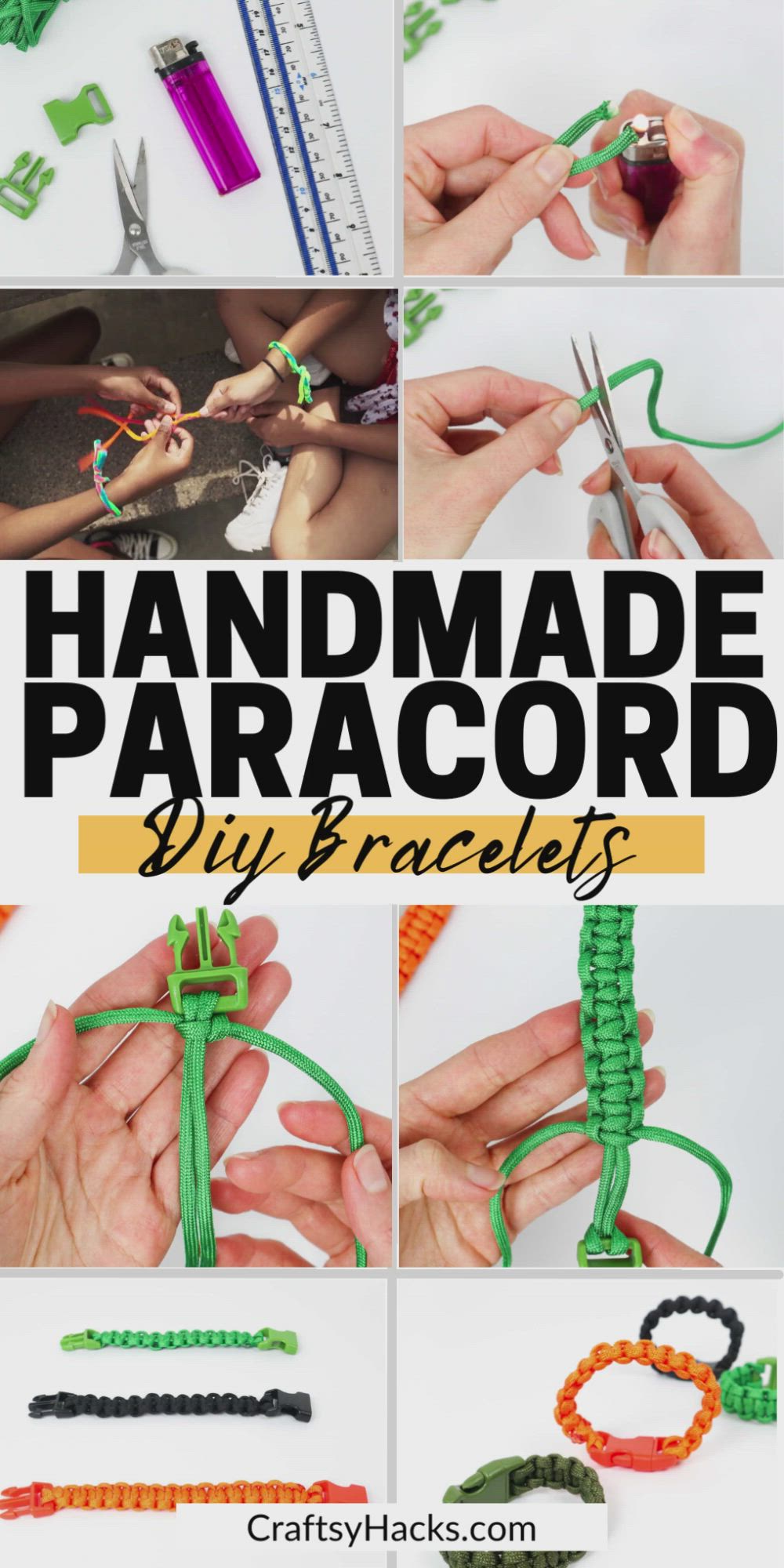 This may contain: the instructions for how to make handmade paracord bracelets with green string