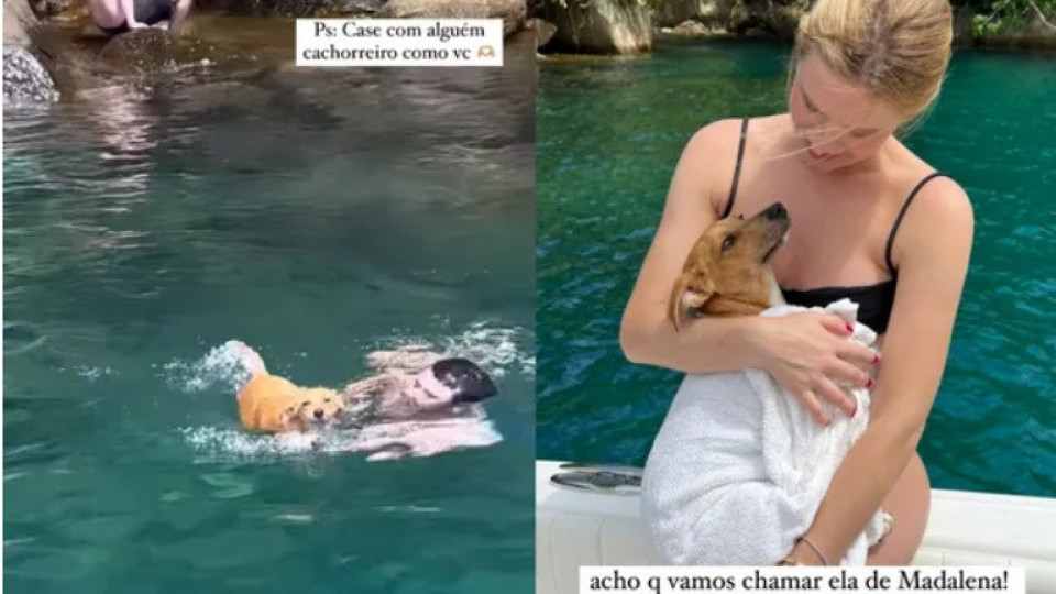 Fiorella Mattheis e marido resgatam e adotam cachorra durante passeio de barco
