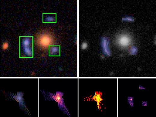 Synthetic lensed image with source-profile fitting in SW05 (J143454.4+522850). Top-left: original image, with areas containing lensed images enclosed within green frames. Top-right: synthetic image (coloured arcs) with lensing galaxy and unrelated objects in grey-scale. Bottom from left to right: reconstructed source in colour, intensity (grey-scale), count of lens-plane pixels per source-plane pixel, and residual of original image to synthetic image.