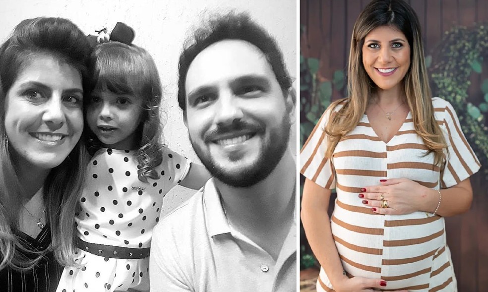 À esquerda, Juliana com Helena e o pai, Thiago. À direita, grávida de Maria Antonela — Foto: Reprodução/Instagram