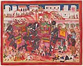 Maharao Ram Singh II of Kotah and companions playing Holi on elephants in a street by Kisan Das, 1844. National Gallery of Victoria