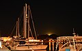 Sailboats at the harbour of Myrina (on Lemnos, Greece) at moon