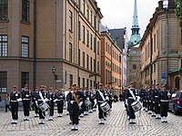An Army band performing at the end of the changing of the guard ceremony in Stockholm