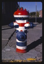 Thumbnail for File:Barber pole, (fire hydrant), Wapato Avenue, Wapato, Washington LCCN2017703856.tif