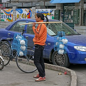 A Chinese young woman selling rabbits