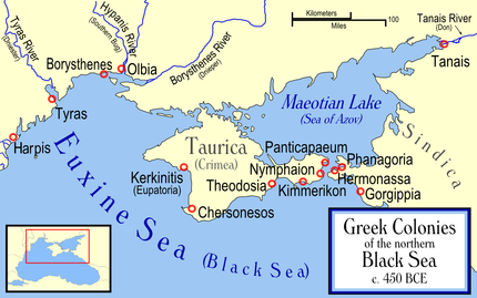 Perhaps my best geographic map, showing the ancient Greek colonies on the north shore of the Black Sea. Commissioned by Ghirlandajo.