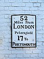 Petersfield - 52 miles from London, 17 to Portsmouth. (This is an old plaque, distances by current main roads may vary slightly.)