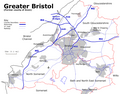 Bristol area with county boundaries, rivers, towns, roads and railways.