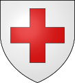 Argent, a cross couped gules (also known as a "Greek cross")