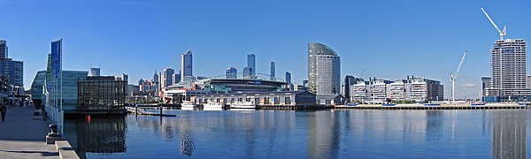 A panoramic view of Docklands and the city skyline from Waterfront City looking across Victoria Harbour