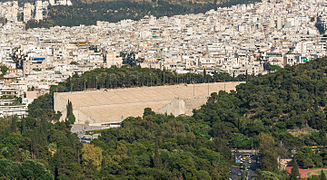 Panathenaic stadium, Pangrati borrough, from Acropolis, Athens, Greece.jpg