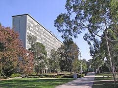 Monash University Clayton campus - Robert Menzies building viewed near Menzies fountain