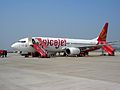 SpiceJet aircraft at Varanasi Airport.