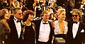 Presentation of the film Basic Instinct at the Cannes Film Festival. Left from right: Jeanne Tripplehorn, Michael Douglas, Martine Tours (Verhoeven's wife), Paul Verhoeven, Sharon Stone and Mario Kassar (1992)