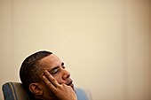 Barack Obama listening to his advisors, in the Oval Office, April 2010.