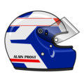 Le casque intégral d'Alain Prost (correspondant peu ou prou à la période 1984-1991), champion du monde de Formule 1 en 1985, 1986, 1989 et 1993.