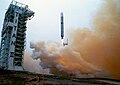 Titan 23G rocket hurtles above the launch tower with the NOAA-M weather satellite.