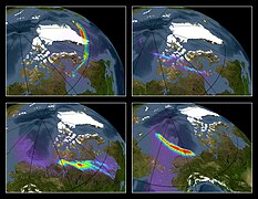 Deutsch: Bildmontagen mit Falschfarbenaufnahmen irdischer Röntgenaurora English: Composites with false-colour images of terrestrial x-ray aurora