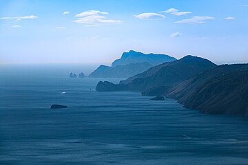 Blue Mountains and water above of the deep Sea, 3 Faraglioni, coast of Capri