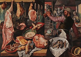 The Butcher's Shop label QS:Len,"The Butcher's Shop" label QS:Lfr,"La boucherie" 1568. oil on canvas medium QS:P186,Q296955;P186,Q12321255,P518,Q861259 . . Naples, Museo di Capodimonte.