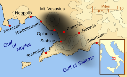 The eruption of Mt. Vesuvius in the year 79, with English names. -- > The same map, with Latin names.