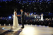 President Barack Obama and First Lady Michelle Obama are serenaded by Beyoncé at their first inaugural dance at the Neighborhood Ball (20 January 2009)