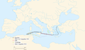 Approximate course of German and British naval vessels during the pursuit of German vessels Goeben and Breslau, August 1914