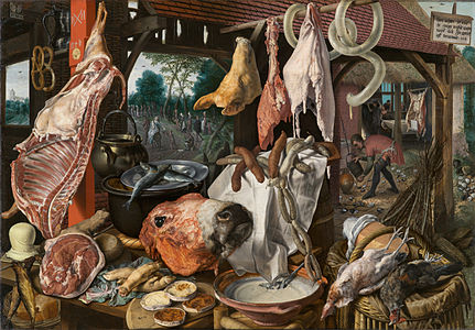 Pieter Aertsen A Meat Stall with the Holy Family Giving Alms