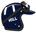 Le casque jet de Graham Hill utilisé en Formule 1 au cours des années 1960. Sur le heaume du pilote originaire du quartier londonien d'Hampstead, passionné d'aviron, figure le code visuel (de l'époque) du Template:Lien dont il dirigeait le huit barré.