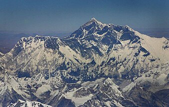 Another aerial view of Mount Everest from the south, with Lhotse in front and Nuptse on the left