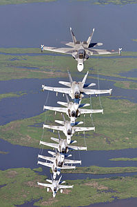 Eight F-A-18 Hornets assigned the River Rattlers, Strike Fighter Squadron (VFA) 204, fly in a column formation over southern Louisiana's wetlands during a photo exercise