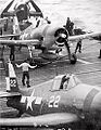 Grumman F6F Hellcat fighters of fighter squadron VF-11, Carrier Air Group Eleven (CVG-11) prepare to take off from the carrier USS Hornet (CV-12) to strike targets on Formosa, January 1945.