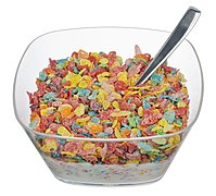 Bowl of Post Fruity Pebbles cereal with milk