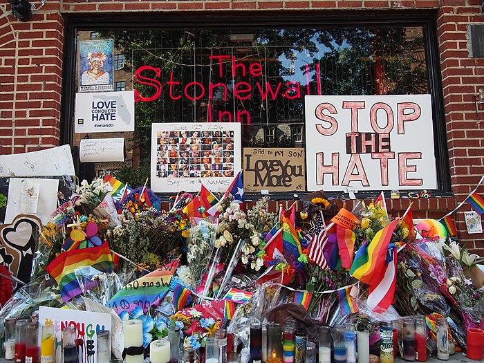 Stonewall Inn with Pulse memorial during Pride weekend 2016