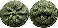 Circa 220 BC. Aes Grave: Teruncius. Eight-pointed star / Dolphin three pellets above.