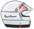 Le casque intégral du pilote charrapontain René Arnoux, vainqueur de sept Grand Prix de Formule 1 (deuxième palmarès français en F1 de compte). C'est le modèle SJ (Sans Jugulaire) de la marque française GPA.