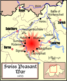 This map shows the important cities, towns, and battle sites of the Swiss Peasant War. The light brown lines show the canton borders as they appeared in 1653. Instead of literally showing the Emmetal and Entlebuch valleys where the revolt began, I used the red starburst to highlight the area. Commissioned by Lupo, who took this map and actually improved it (the nerve)! You can see his improved map here, as well as a very nice second map that he built using the 1st.