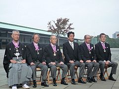 Tasuku Honjo Susumu Nakanishi Ikuta Takagi Shinzo Abe Shunichi Iwasaki and Goichi Oda 20131103.jpg