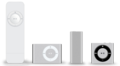 The four generations of the iPod shuffle. (Illustrations, not photographs.)