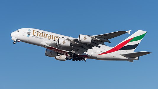 Emirates Airbus A380-861 (A6-EER) taking off at Munich airport