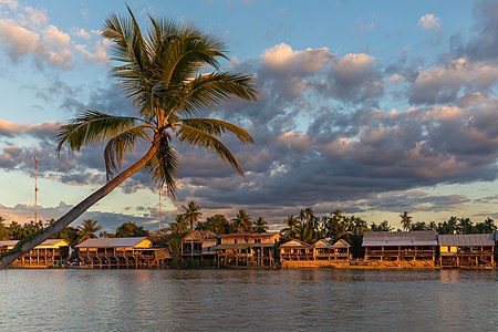 "River_bank_of_Don_Khon_with_stilt_wooden_houses_and_leaning_Arecaceae_at_golden_hour_from_Don_Det_Laos.jpg" by User:Basile Morin