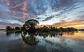 67 Colorful clouds and blue sky with water reflection of an island hosting trees at sunrise in Si Phan Don, Laos uploaded by Basile Morin, nominated by Basile Morin,  18,  0,  0